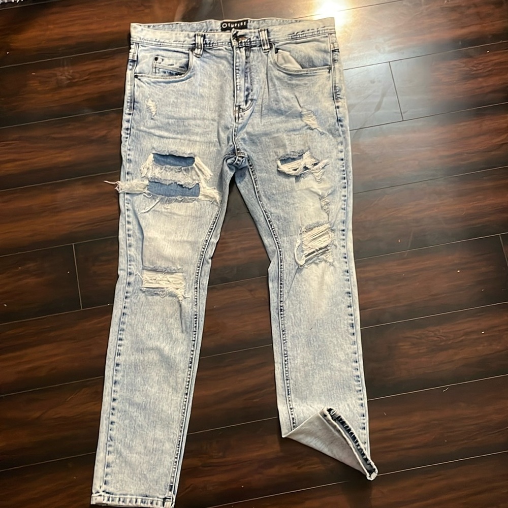 Emyre 34x30 light washed distressed mens jeans